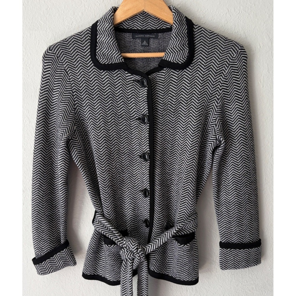 Banana Republic Womens Merino Wool Herringbone Belted Cardigan Sweater S Preppy